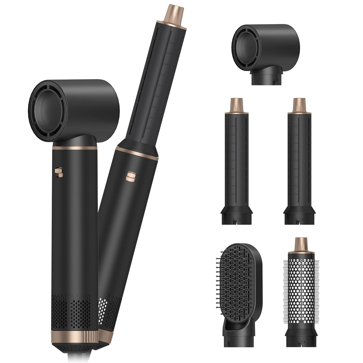 Dryhsip 5-in-1 Ionic Hair Dryer Brush Air Styler in Black with five styling attachments