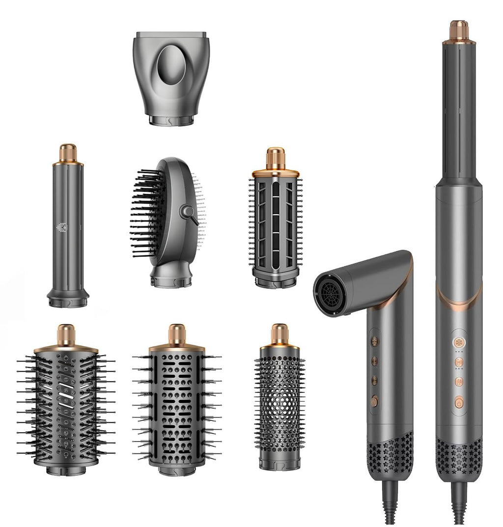 8-in-1 ionic hair dryer brush set with interchangeable styling attachments including curling barrels, round brushes, dryer nozzle and smoothing brush