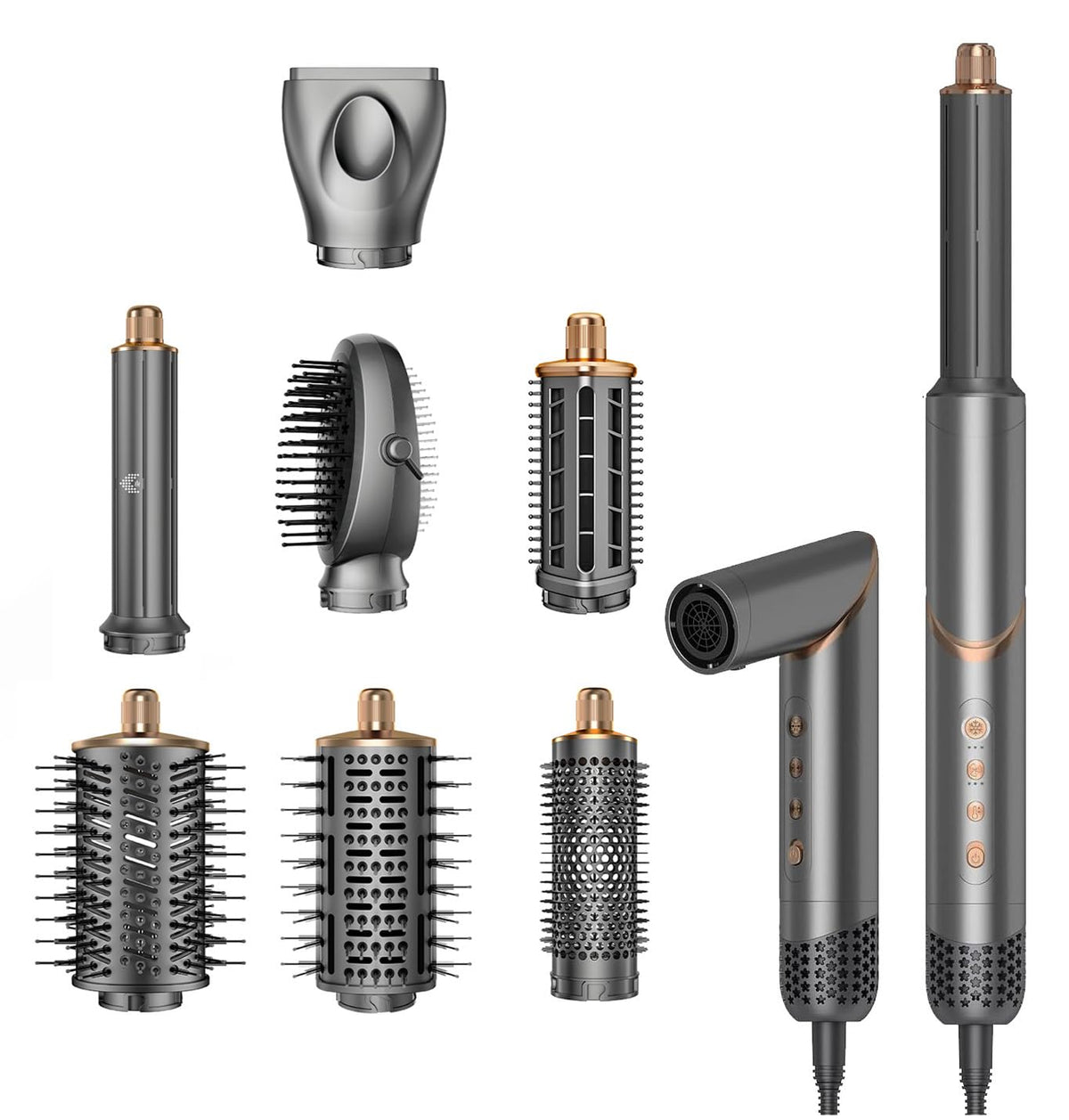 8-in-1 ionic hair dryer brush set with interchangeable styling attachments including curling barrels, round brushes, dryer nozzle and smoothing brush