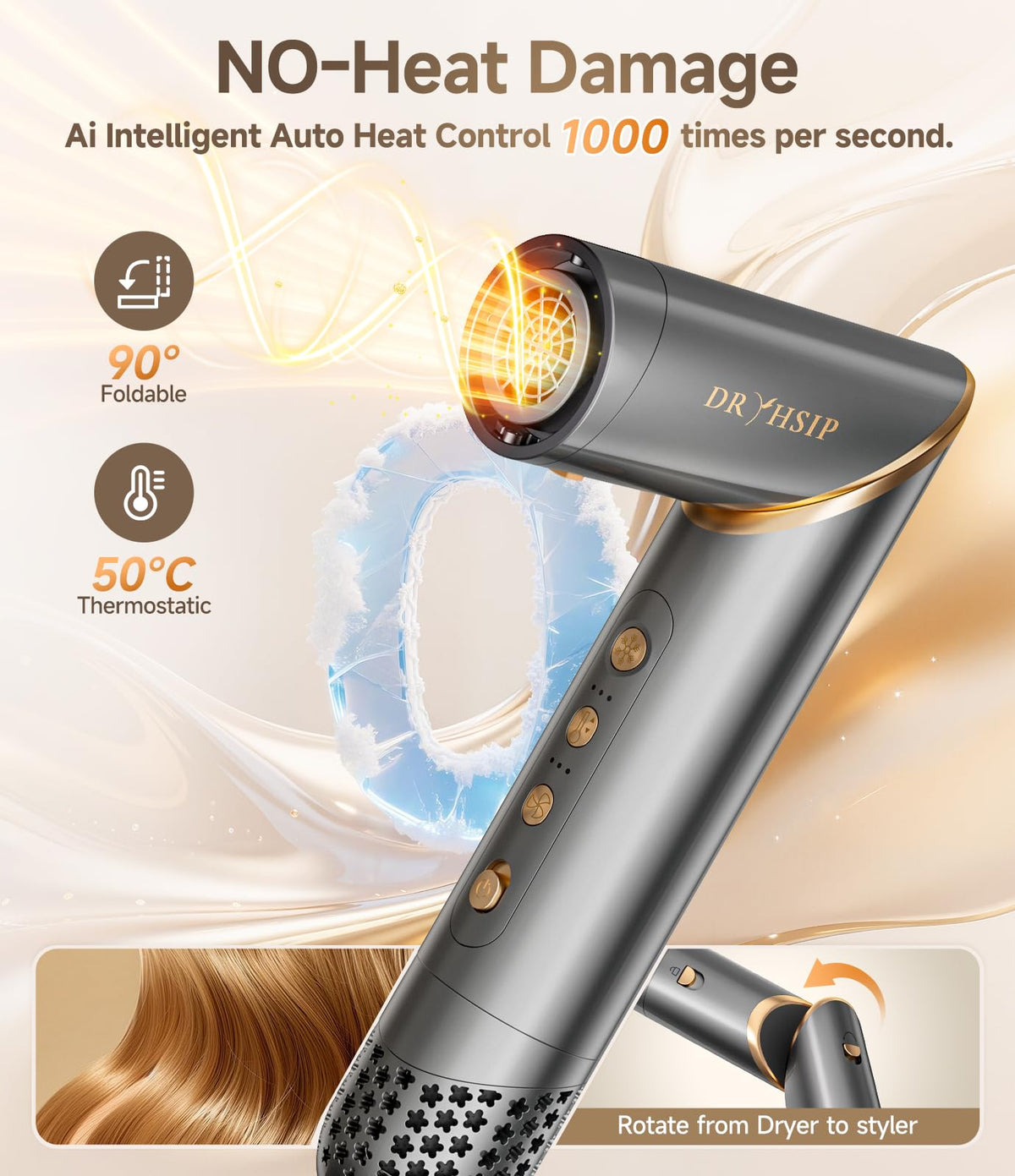 AI intelligent heat control technology with 90° foldable design, 50°C thermostatic styling and dryer-to-styler mode on the 5-in-1 foldable hot air brush