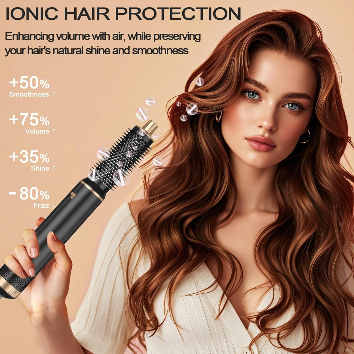 Woman with soft curls styled using the Dryhsip 5-in-1 Ionic Hair Dryer Brush