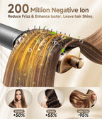 Illustration of 200 million negative ion technology reducing frizz and improving smooth, shiny hair with the 5-in-1 foldable hot air brush