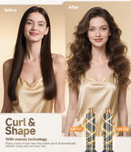 Before and after hairstyle comparison created with Coanda auto-wrapping curl barrels on the 5-in-1 foldable hot air brush
