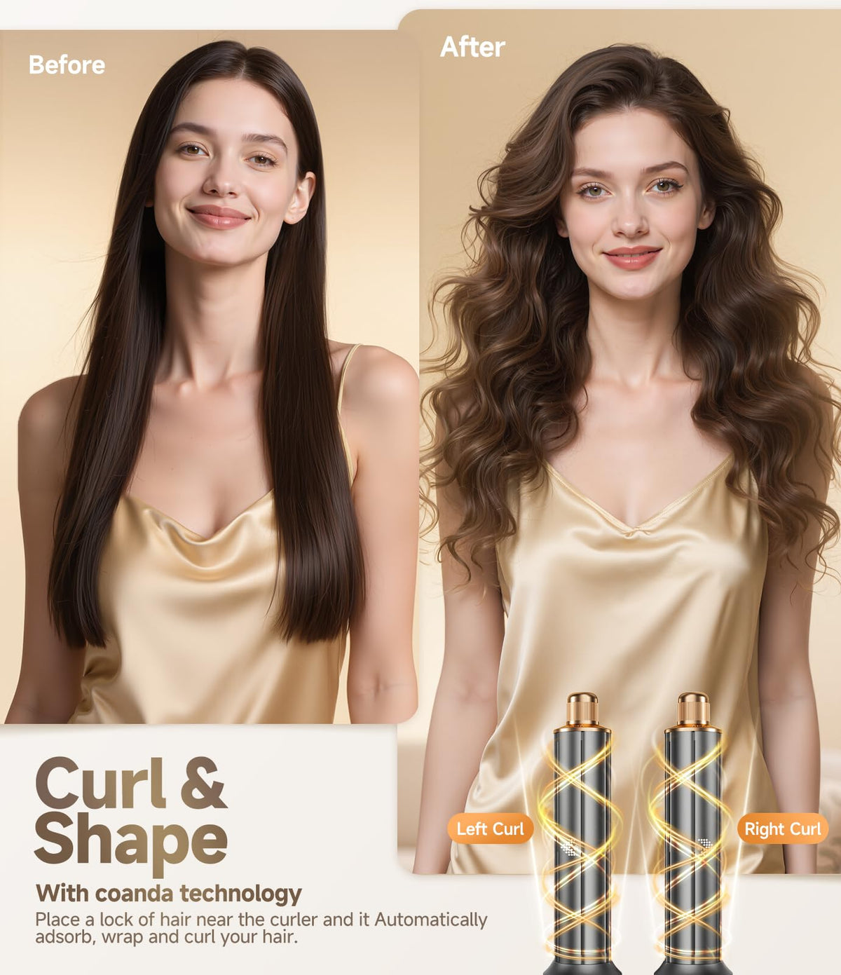 Before and after hairstyle comparison created with Coanda auto-wrapping curl barrels on the 5-in-1 foldable hot air brush
