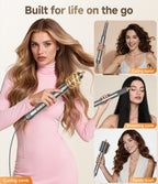 Different styling looks created with the 5-in-1 foldable hot air brush using curling barrel, smoothing comb and paddle brush attachments