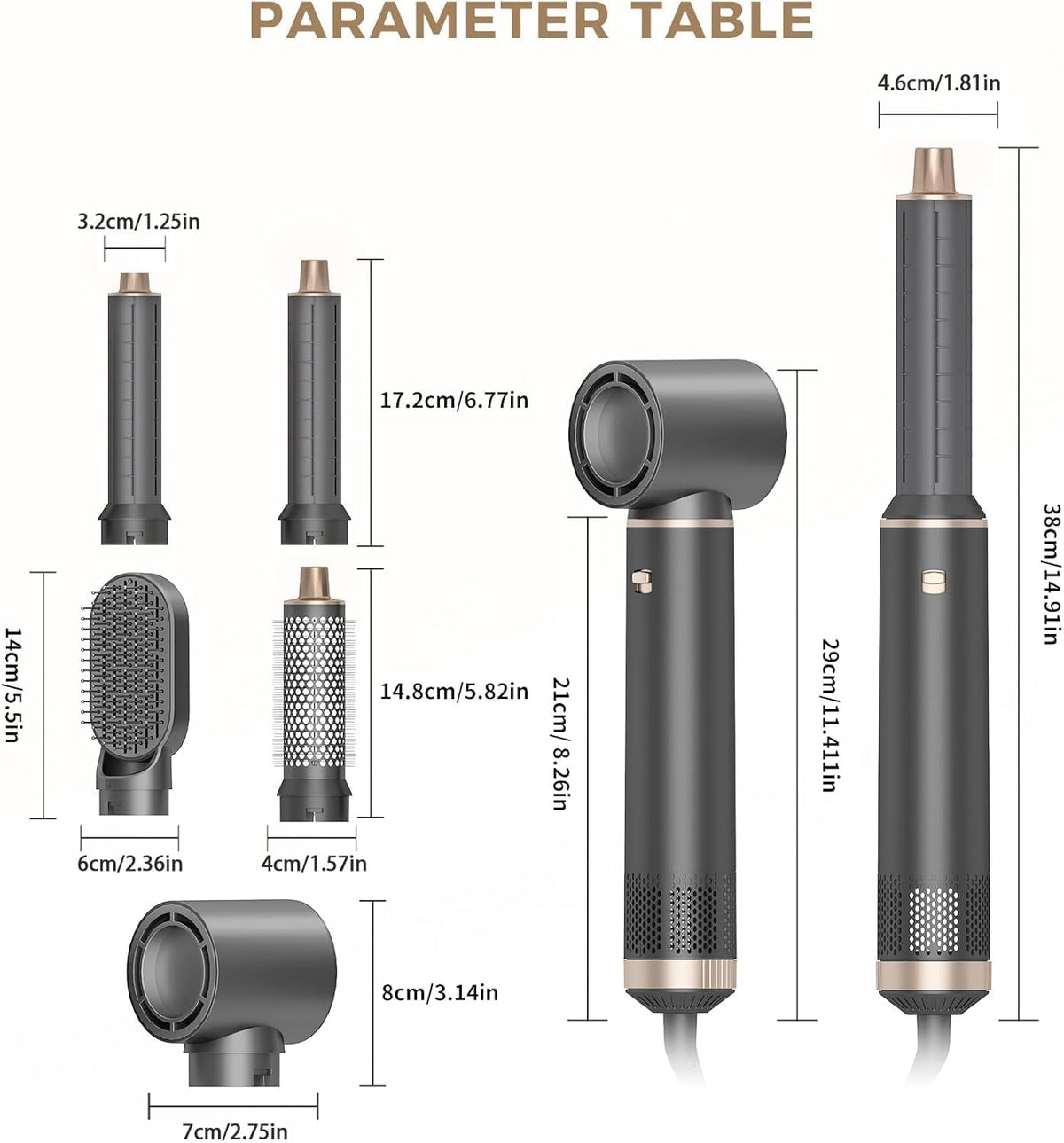 Dryhsip 5-in-1 Ionic Hair Dryer Brush attachments and product specifications