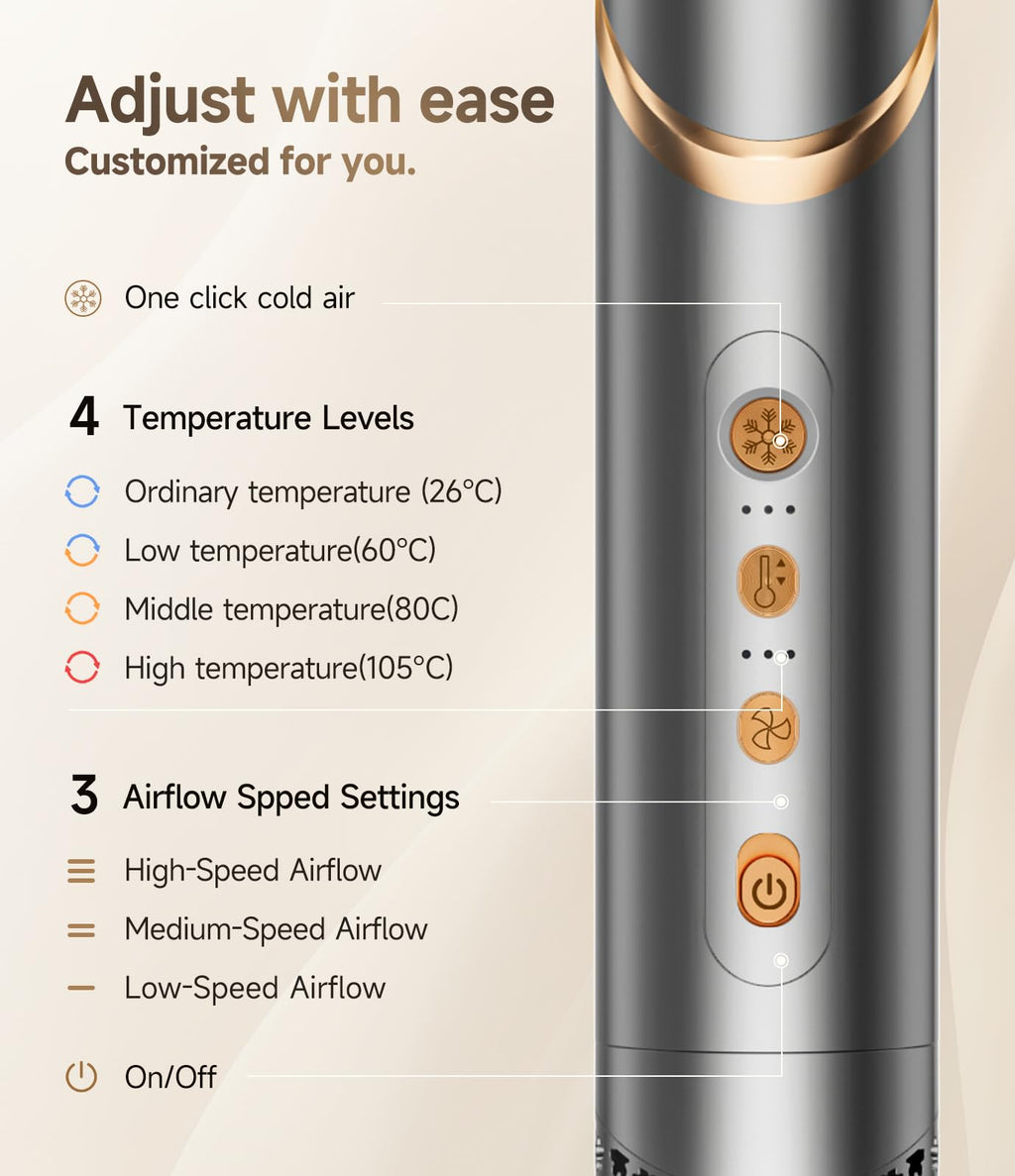 Control panel showing one-touch cold air mode, four temperature settings and three airflow speed levels on the 5-in-1 foldable hot air brush