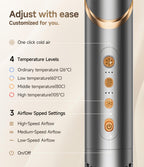 Control panel showing one-touch cold air mode, four temperature settings and three airflow speed levels on the 5-in-1 foldable hot air brush