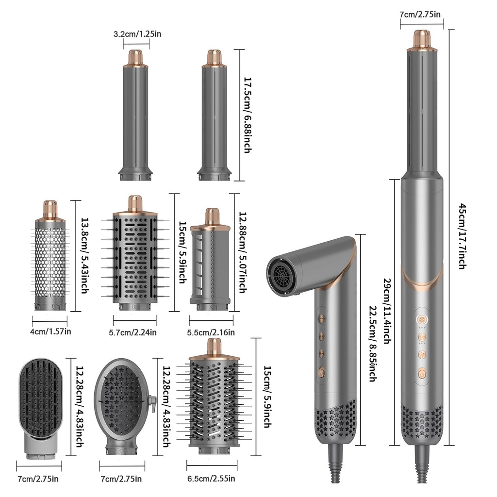 Dimension chart showing the 5-in-1 foldable hot air brush, interchangeable styling attachments and product measurements