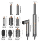 Dimension chart showing the 5-in-1 foldable hot air brush, interchangeable styling attachments and product measurements