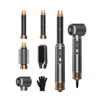 5-in-1 ionic hot air brush for women with interchangeable curling barrels, round brush, smoothing brush, dryer nozzle and heat-resistant glove