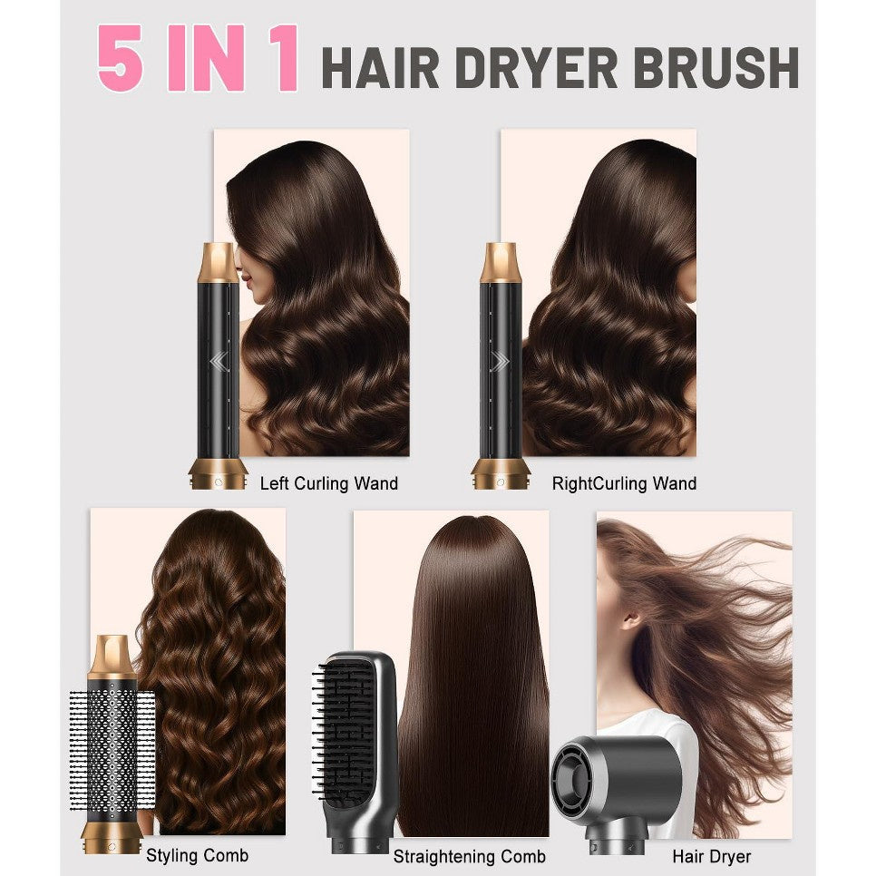 Different hairstyles created with the 5-in-1 ionic hot air brush using left and right curling barrels, styling brush, straightening brush and dryer nozzle