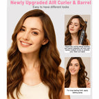 Woman creating soft, natural curls with the upgraded air curling barrel on the 5-in-1 ionic hot air brush