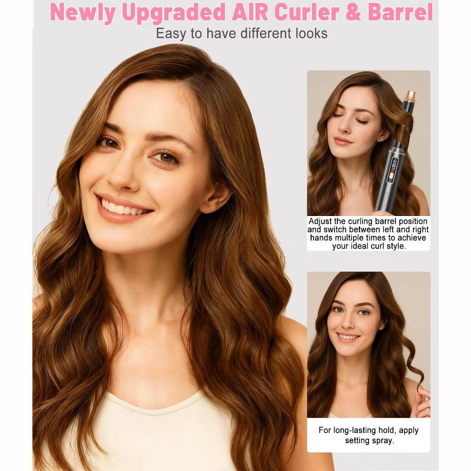 Woman creating soft, natural curls with the upgraded air curling barrel on the 5-in-1 ionic hot air brush
