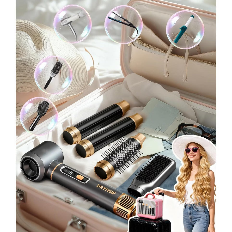 5-in-1 ionic hot air brush with interchangeable styling attachments packed in a suitcase for convenient travel and vacation hair styling