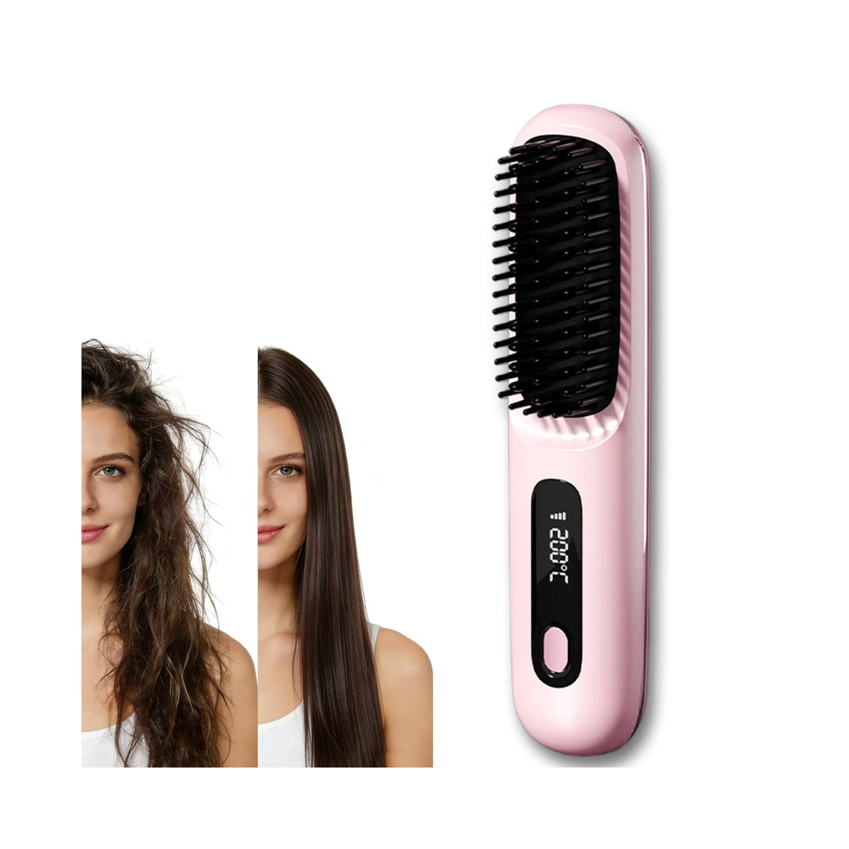 Portable ionic hair straightening brush with LCD temperature display and before-and-after hair smoothing results