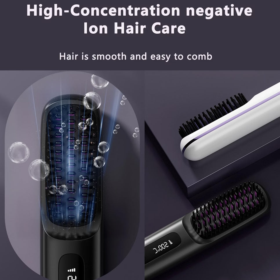 Portable ionic hair straightening brush with high-concentration negative ion technology for smoother, frizz-free hair
