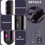 Portable ionic hair straightening brush showing 3D anti-scald comb teeth, LCD temperature display and control buttons