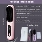 Portable ionic hair straightening brush product specifications with dimensions, temperature settings and package contents