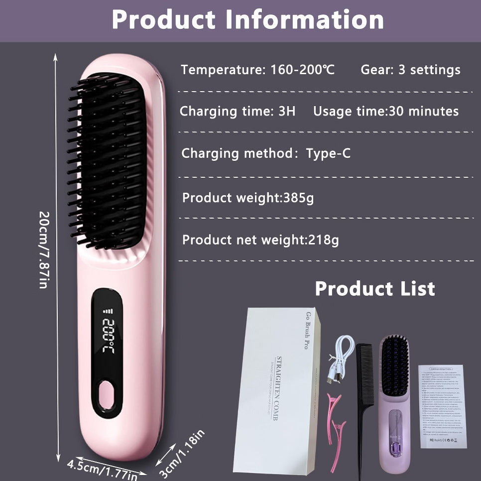 Portable ionic hair straightening brush product specifications with dimensions, temperature settings and package contents