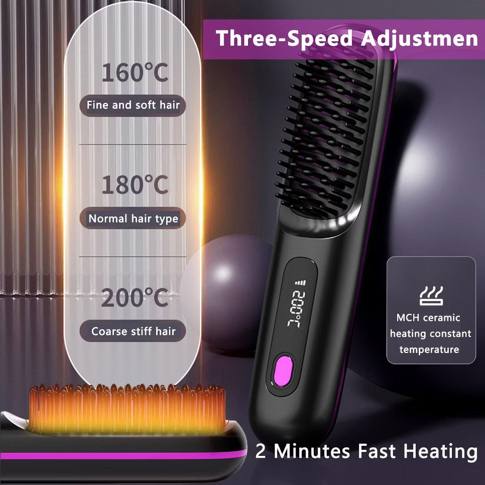 Portable ionic hair straightening brush with three temperature settings for fine, normal and coarse hair