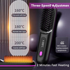 Portable ionic hair straightening brush with three temperature settings for fine, normal and coarse hair