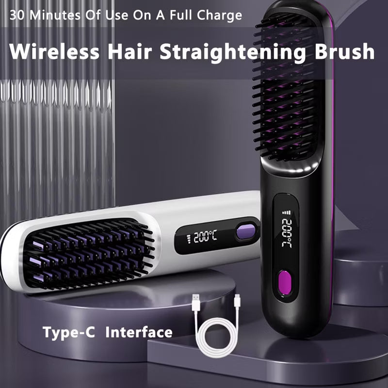 Portable wireless ionic hair straightening brush with USB Type-C charging and up to 30 minutes of cordless use