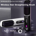 Portable wireless ionic hair straightening brush with USB Type-C charging and up to 30 minutes of cordless use