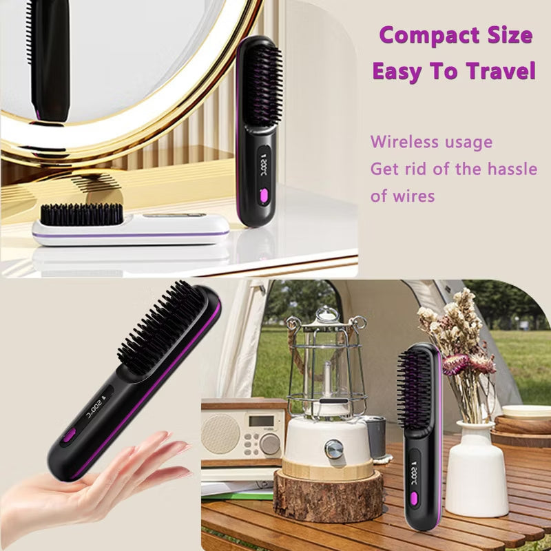 Portable wireless ionic hair straightening brush for travel, home and on-the-go styling
